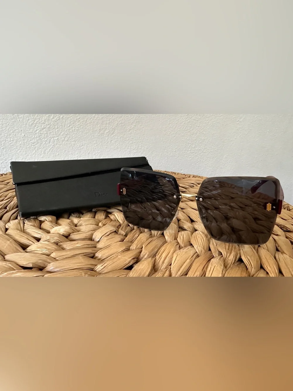 Dior Geometric Rimless Sunglasses Gold Dark Tint Red Accents